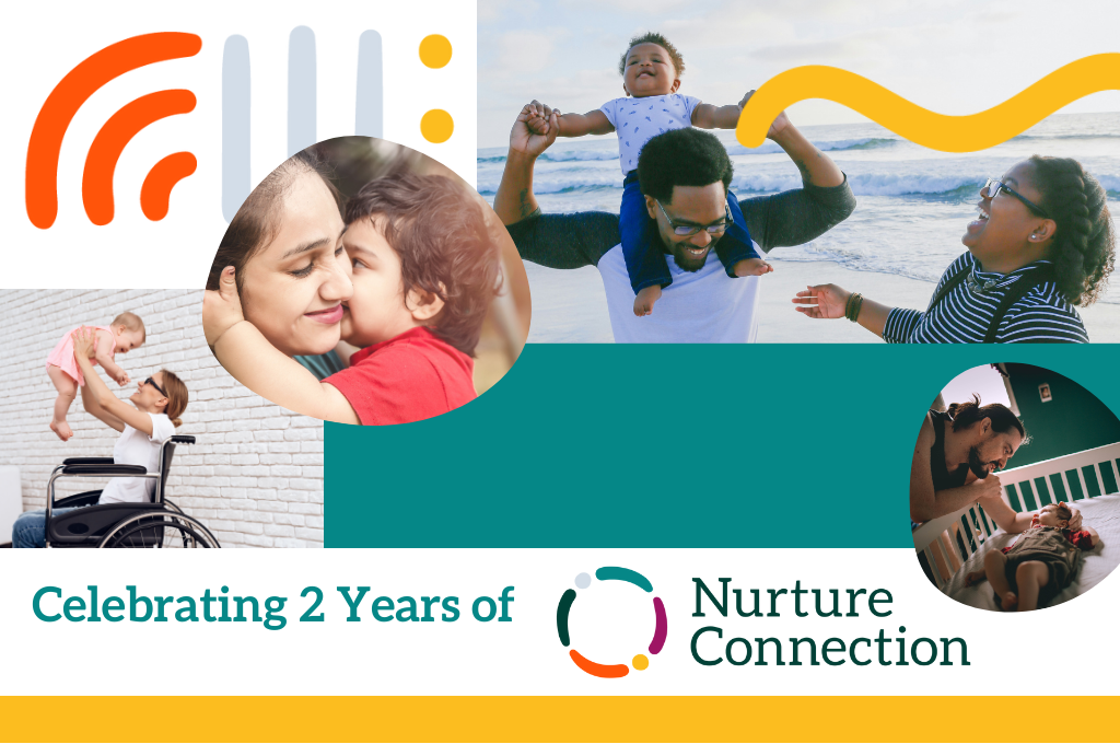 Celebrating two years of Nurture Connection, featuring four images of parents playing with their children (ages 0 to 3)